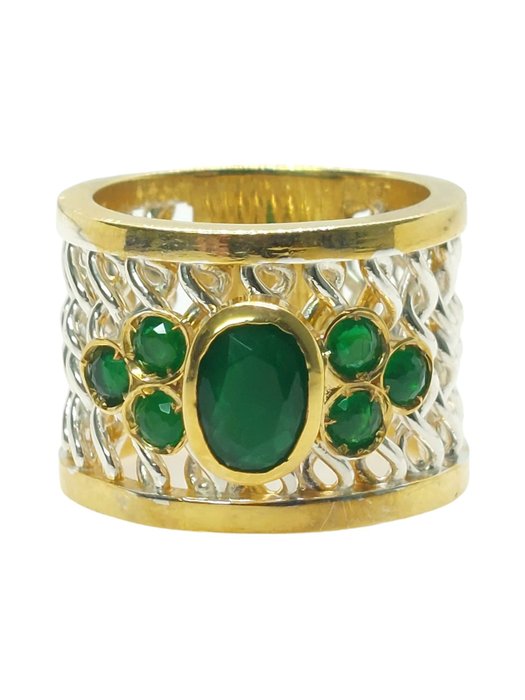 No Reserve Price - Ring - 9 kt. Silver, Yellow gold Emerald - Emerald 