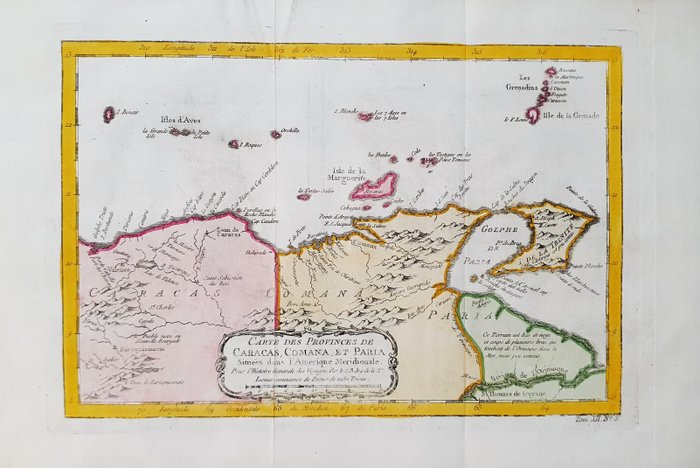 美國, 地圖 - 南美洲/加拉加斯/哥倫比亞/千里達/多巴哥; La Haye, P. de Hondt / J.N. Bellin / A.F. Prevost - Carte des Provinces de Caracas, Comana, et Paria - 1721-1750