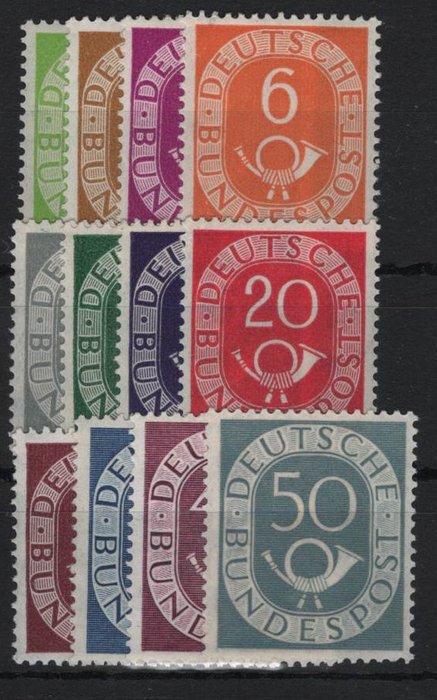德國 1951 - “Posthorn”，短組 2-50 Pf.，經 BPP 認證 - Michel 123-134