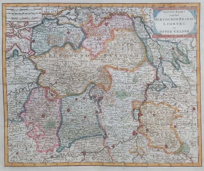 荷兰, 地图 - 布拉班特省、林堡省、佛兰德斯省; Isaak Tirion - Nieuwe Kaart van het Hertogdom Brabant, Limburg en Oppergelder - 1738