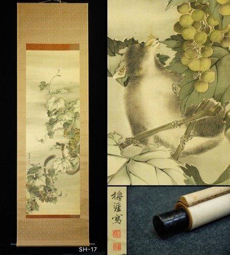 Weasels on grape tree - Late Meiji period - Yamamoto Baigai 山本梅涯 (1852-1928) - Japonia - Meiji period (1868-1912)  (Fără preț de rezervă)