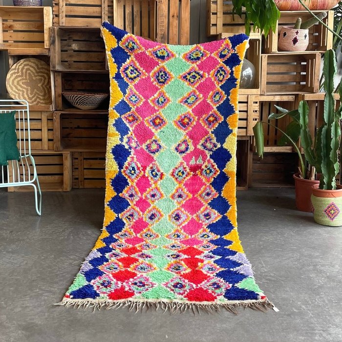 柏柏尔 Boucherouite 彩色格子地毯 - 摩洛哥棉地毯 - 凯利姆平织地毯 - 220 cm - 90 cm