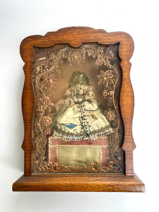 Antik Altarbild - Elfenbein, Holz, Seide - 1850-1900 