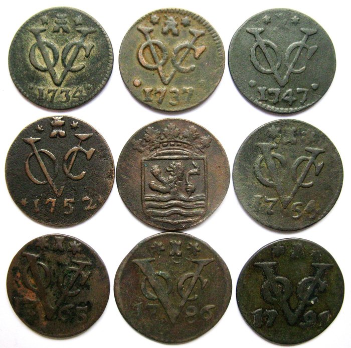 荷屬東印度. Zeeland. Mooie kwaliteit VOC Duiten 1734-1791 lot met 9 verschillende jaartallen  (沒有保留價)