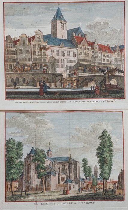 Nederland, Kaart - Utrecht; Isaak Tirion - 2 kopergravures; ´Het Burger Weeshuis, de Regulierskerk en de Hooge Kooren Markt..´ & ´De Kerk van - 1753