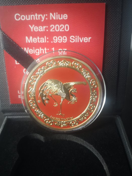 Niue. 2 Dollars 2020 Celestial Animals - The Red Phoenix - Gold Gilded, 1 Oz (.999)  (No Reserve Price)