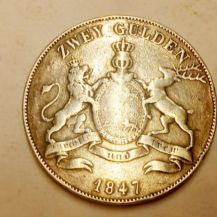德国， 符腾堡州. Wilhelm I. 2 Gulden 1847