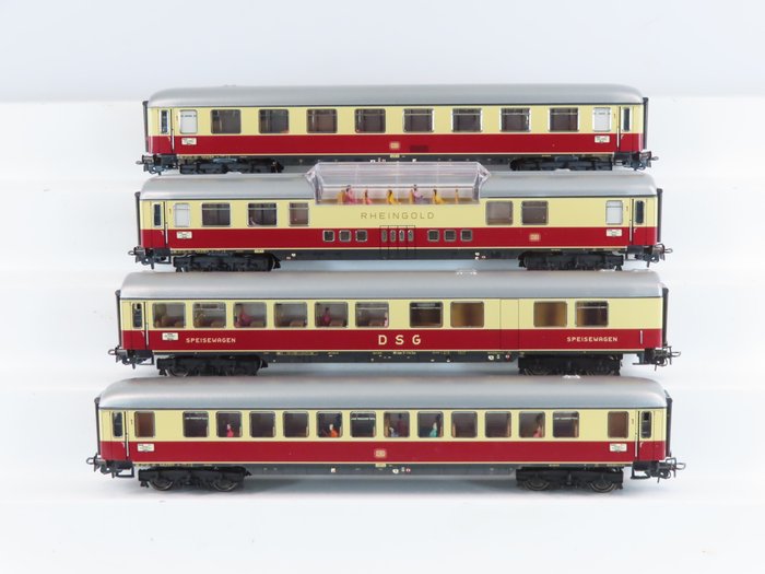 Märklin H0 - 40851 - Modellbahn-Personenwagen (1) - 4 Rheingold Blechwagen 1. Klasse, Panorama- und Speisewagen - DB