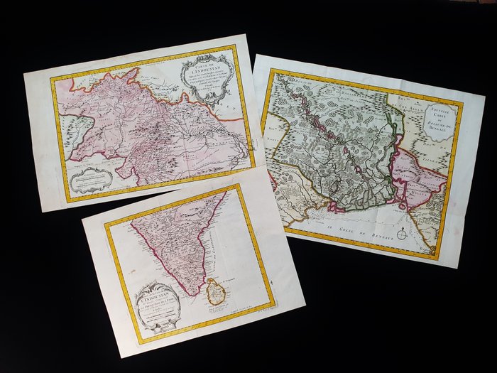 Asia, Kart - India / Sri Lanka / Ceylon / Asia / Colombo; J.N. Bellin - [Lot of 3] Nouvelle Carte du Royaume de Bengale / Carte de l'Indoustan / Suite de la Carte de - 1761-1780