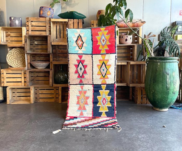 令人惊叹的摩洛哥地毯 - 柏柏尔 Boucherouite 棉地毯 - 小地毯 - 185 cm - 85 cm