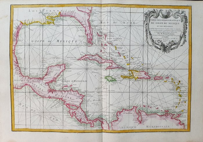 Amerika, Kaart - Midden-Amerika / Caribisch gebied / Golf van Mexico / Florida / VS / Panama / Yucatan; G. Rizzi Zannoni / Janvier / Lattre - Carte Geo-Hydrographique du Golfe du Mexique et de ses Isles - 1761-1780