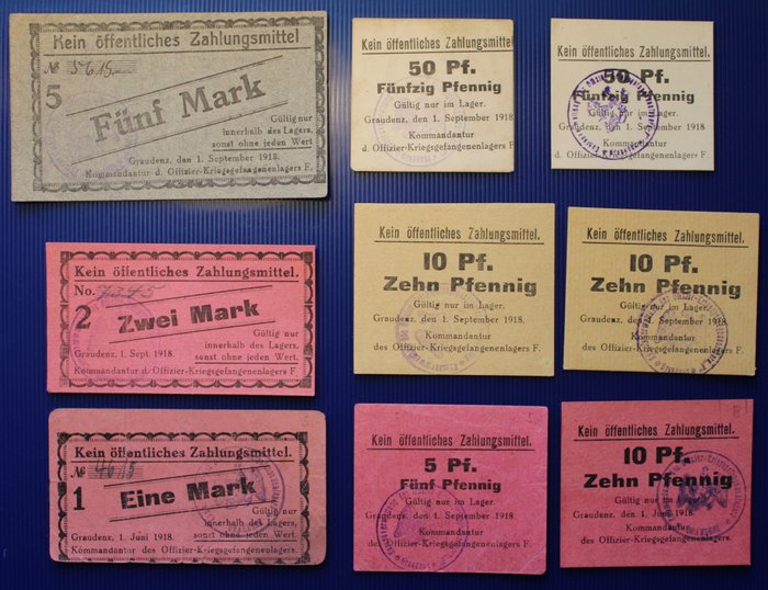 德国. - 9 banknotes - POW  - GRAUDENZ 1918  (没有保留价)