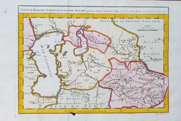 mellem Østen, Kort - Lilleasien / Det Kaspiske Hav / Turkmenistan / Armenien / Aserbajdsjan / Usbekistan; La Haye / P. de Hondt / J.N. Bellin - Carte de Karazm, Turkestan, et Grande Bukharie - 1721-1750