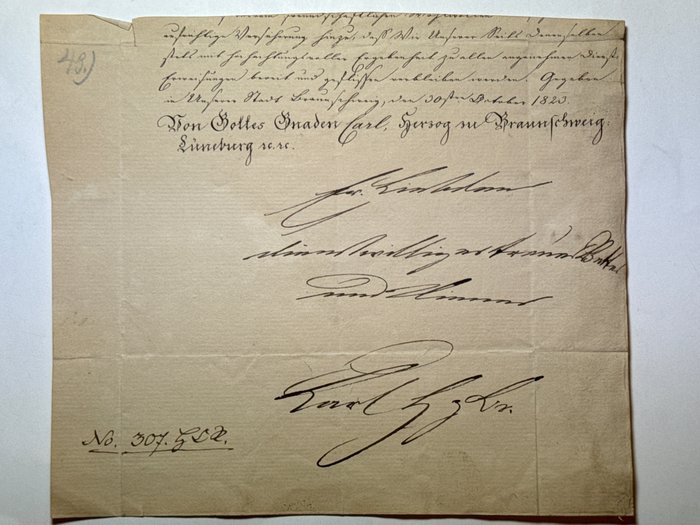 Herzog von Braunschweig Karl II. (1804-1873) - Eigenhändig signiertes Schreiben des Herzogs - 1823