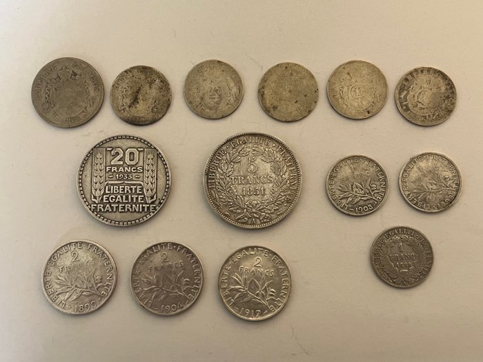 法国. Lot of 14 silver coins (1 Franc to 20 Francs) 1851/1933  (没有保留价)
