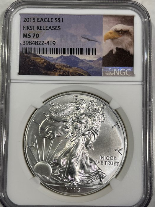 Yhdysvallat. 1 Dollar 2015(W) Silver Eagle, 1 Oz (.999) - MS70  (Ei pohjahintaa)
