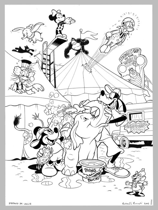 Roberto Ronchi - Stefano De Lellis - 1 Original drawing - Dumbo, Goofy, Mickey Mouse, Minnie Mouse - "Crazy Circus" - 2002