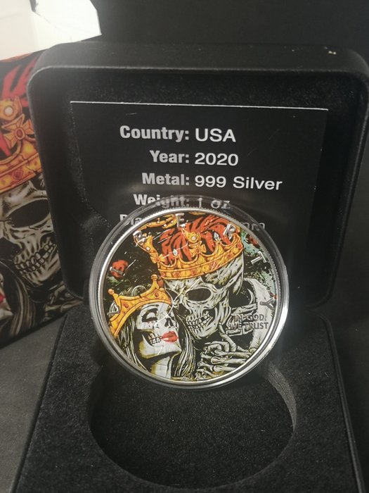 美國. 1 Dollar 2020 American Silver Eagle - Skull Kiss - Colorized, 1 Oz (.999)  (沒有保留價)