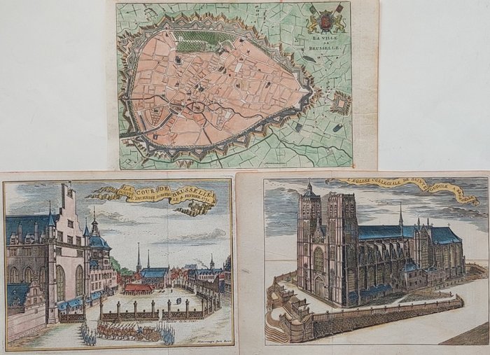 Europa, Stadtplan - Belgien / Brüssel; J. Harrewijn - 3 kopergravures; ´La ville de Brusselle´, ´La Cour de Brusselle..´ & ´L´Eglise Collegiale de Sainte - 1743