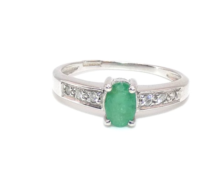 Zonder Minimumprijs - Ring Witgoud Smaragd - Diamant 
