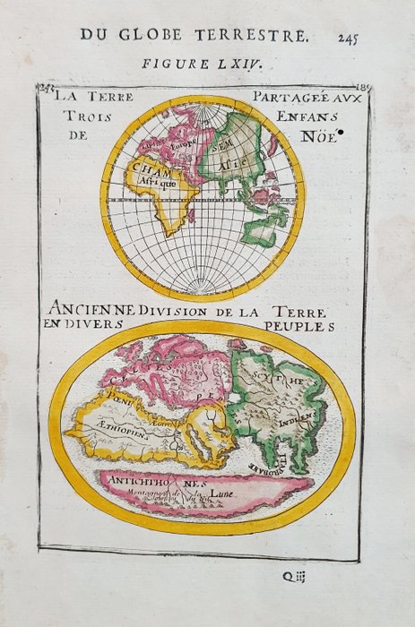 Världskarta, Karta - Världskarta / Mercator Projection; Alain Manesson Mallet - La Terre Trois de Partagee aux Enfans Noe / Ancienne division de la Terre en divers Pueples - 1661-1680