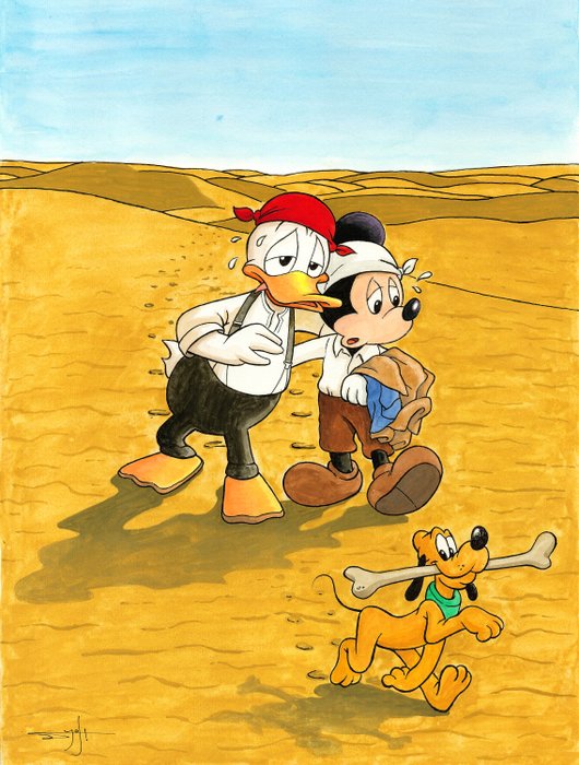 Jordi Juan Pujol - Mickey Mouse, Donald Duck & Pluto - Tribute to Tintin - Watercolour Painting - Original Artwork