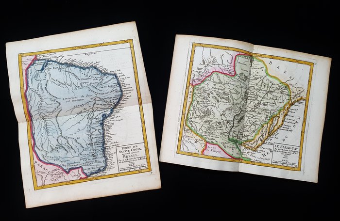 美国, 地图 - 南美洲/巴拉圭/巴西/里约热内卢; R. de Vaugondy / M. Robert - [Lot of 2 maps] Le Paraguay / Terre de Sainte Croix, nommc'è Bresil - 1721-1750