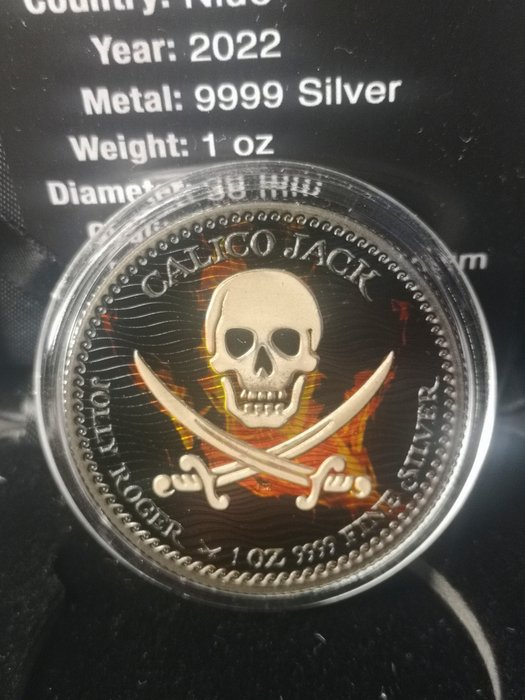 纽埃. 2 Dollars 2022 Calico Jack - Jolly Roger Series Black Platinum Burning Silver Coin, 1 Oz (.999)  (没有保留价)