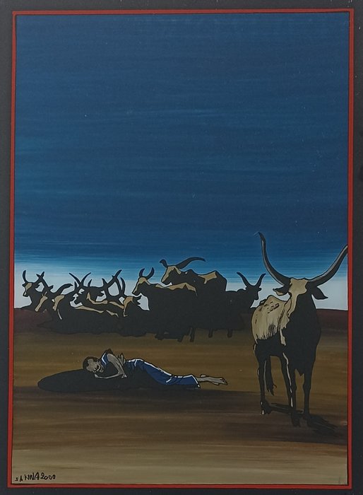 Rustend, herder liggend naast zijn zeboes - Glazen schilderij  (Zonder Minimumprijs)