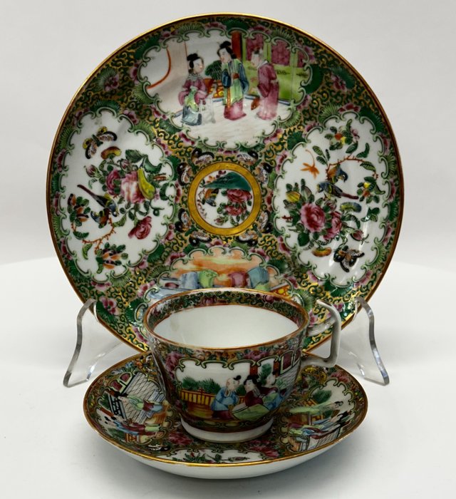 Antique Chinese famille rose canton cup, saucer & plate - Lautanen - Posliini