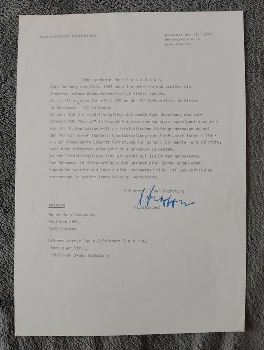 Meisel, Wilhelm. Weyher, Kurt. Heye, Helmut. Hoffmann, Kurt Caesar. Zetsche, Hans Jurgen. Rogge, - Ammiragli tedeschi (6), 6 lettere e 1 foto, con firme autografe. - 1970