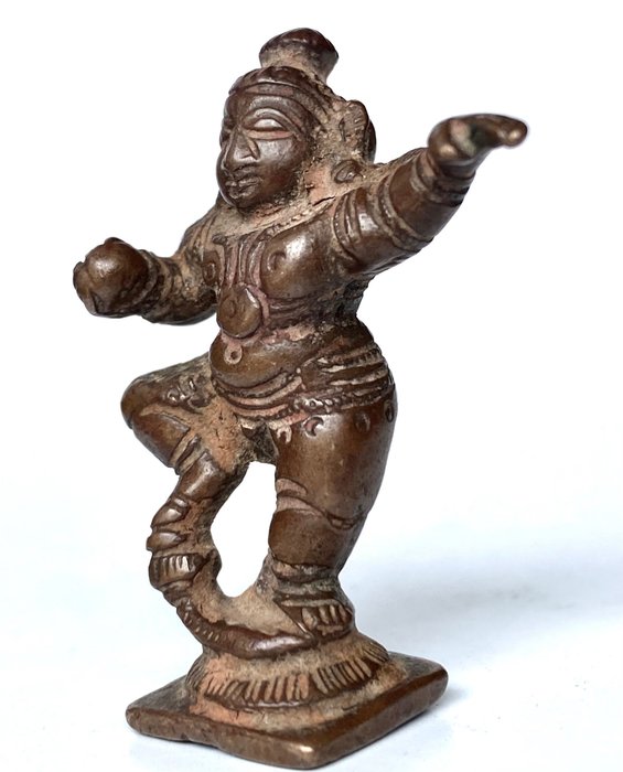 Dewocjonalna rzeźba z brązu przedstawiająca tańczącego Bala Krishnę - Jednorazowy odlew woskowo-miedziany - Indie - 18 wiek