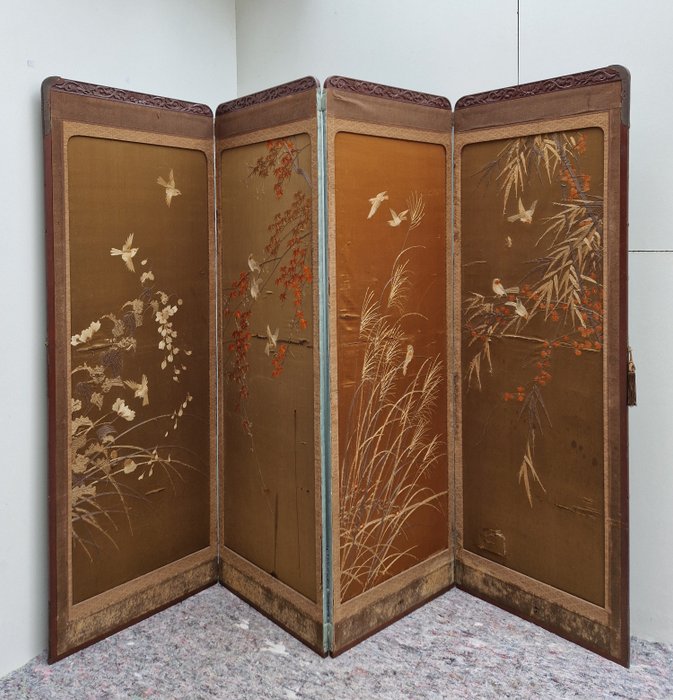 Screen/room divider - four-leaf - Brass, Copper, Silk, Wood