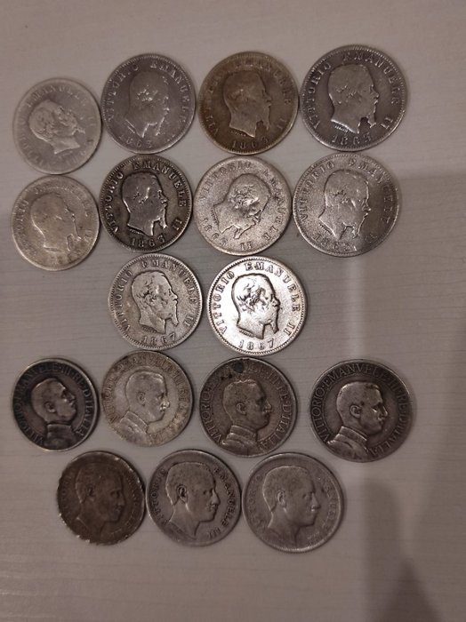Italia, Italian kuningaskunta. 1 Lira 1893/1913 (17 monete)  (Ei pohjahintaa)
