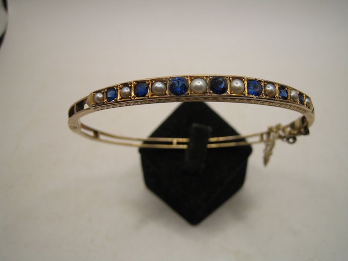臂環 - 9 節 黃金, 手鐲 新藝術風格 藍寶石 河珍珠