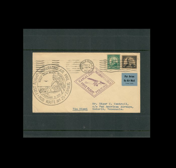 Stati Uniti d'America 1931 - Copertina firmata che inaugura il servizio di posta aerea via West Palm Beach a Maturin in Venezuela