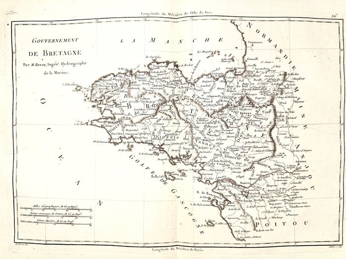 Frankrijk, Kaart - Bretagne, Morbihan, Finistère, Côte-d’Armor, Ille-et-Vilaine; Rigobert Bonne - Gouvernement de Bretagne - 1781-1800