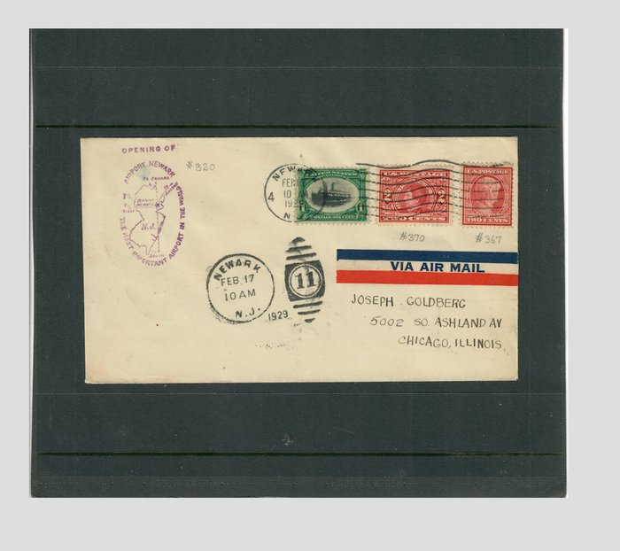美国 1929 - 罕见的邮寄封套，寄往伊利诺伊州芝加哥，由执行秘书签名，庆祝纽瓦克机场的开幕