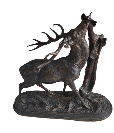 Pierre-Jules Mêne (1810 – 1879) - Sculpture, 鹿與葉子 (1) - 銅（生綠銹） - 1890年