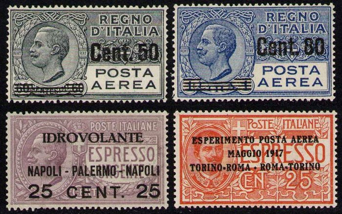義大利 1927 - Vittorio Emanuele III，航空郵件 4 值，具有出色的居中效果。華麗的 - Sassone A1/2+A2A/7