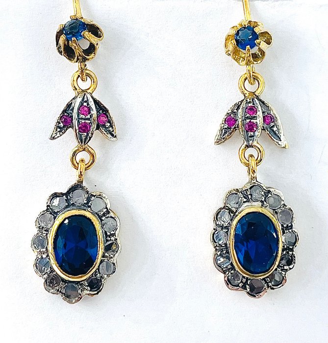 No Reserve Price - Earrings - 9 kt. Silver, Yellow gold Mixed gemstones 