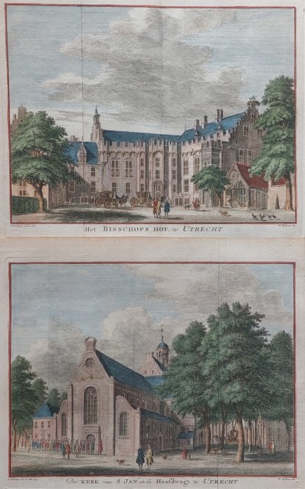Olanda, Hartă - Utrecht; Isaak Tirion - 2 kopergravures; ´Het Bisschops Hof te Utrecht´ & ´De Kerk van S. Jan en de Hoofdwagt te Utrecht´ - 1753