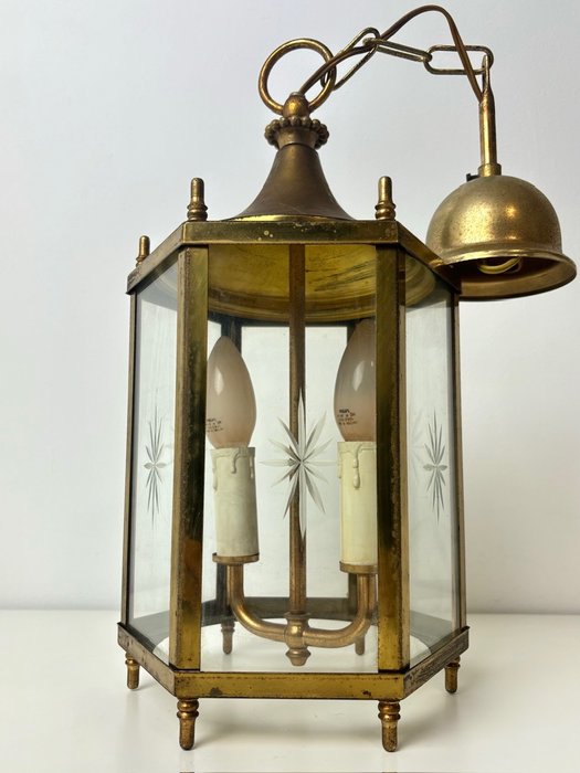 Lampe bouillotte - Plafonnier lanterne de hall avec verre étoilé taillé, lampe spéciale - Laiton, Verre