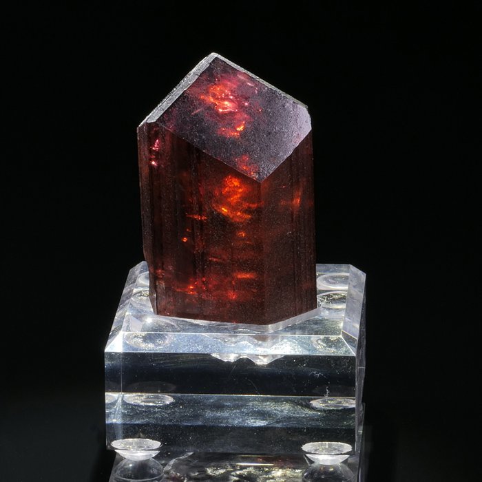 Enestående krystal afsluttet med flamboyant turmalin på specialfremstillet base Krystal - Højde: 4.6 cm - Bredde: 2.9 cm- 60 g - (1)