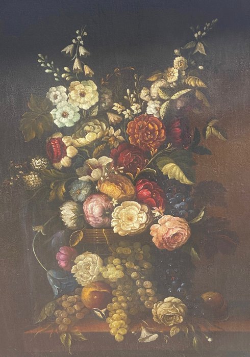 Escuela italiana (XVIII-XIX) - Still life with flowers and grapes