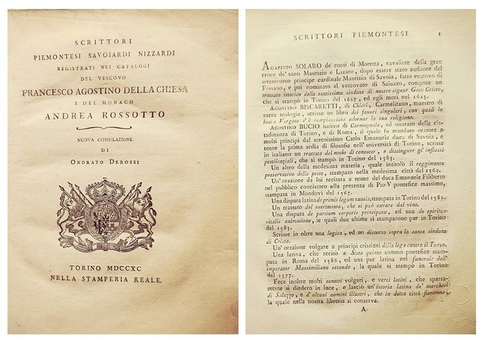 Derossi Giuseppe Antonio Onorato. - Scrittori Piemontesi Savoiardi Nizzardi. - 1790
