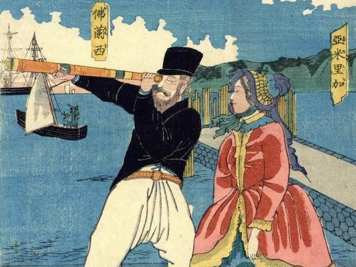 ‘Furansu to America’ 仏蘭西と亜米利加 (France and America) – From the series “Ikokugotoba” いこくごとば - 1861 - Utagawa Yoshiiku (1833-1904) - Japan -  Late Edo periode