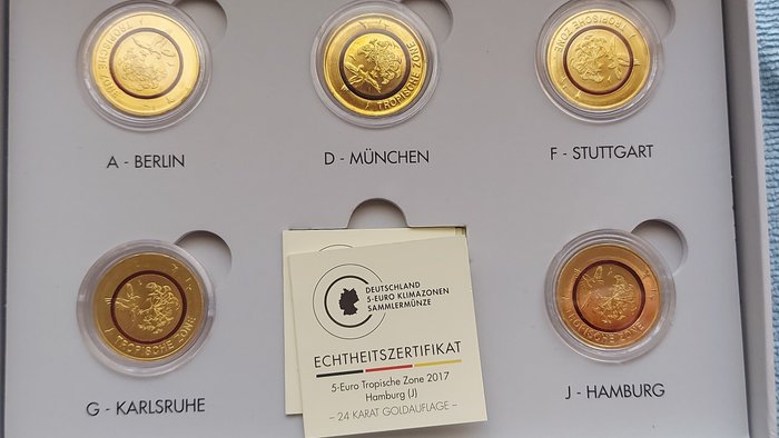 Saksa. 5 Euro 2017 "Klimazonen der Erde - Tropical Zone" com banho de ouro 24 quilates (5 moedas)  (Ei pohjahintaa)