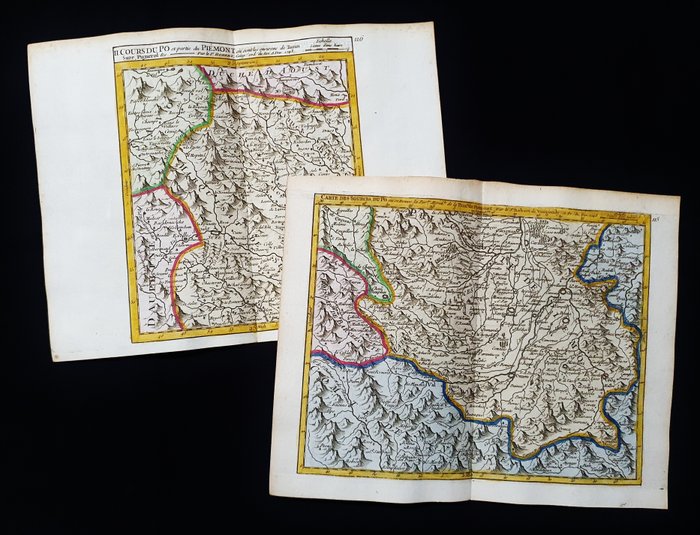歐洲, 地圖 - （批量 2 個）義大利/皮埃蒙特/都靈/伊夫雷亞/阿斯蒂/庫內奧/奧斯塔; R. de Vaugondy / M. Robert - Carte des Sources du Po -- Cours du Po et partie du Piemont - 1721-1750