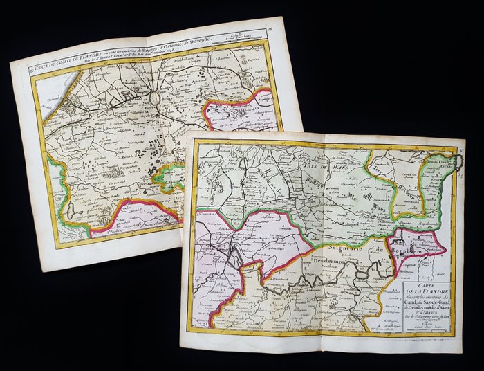 歐洲, 地圖 - （批量 2 個）比利時/布魯日/佛蘭德斯/根特/安特衛普; R. de Vaugondy / M. Robert - Carte de la Flandre -- Carte du Comte de Flandre - 1721-1750